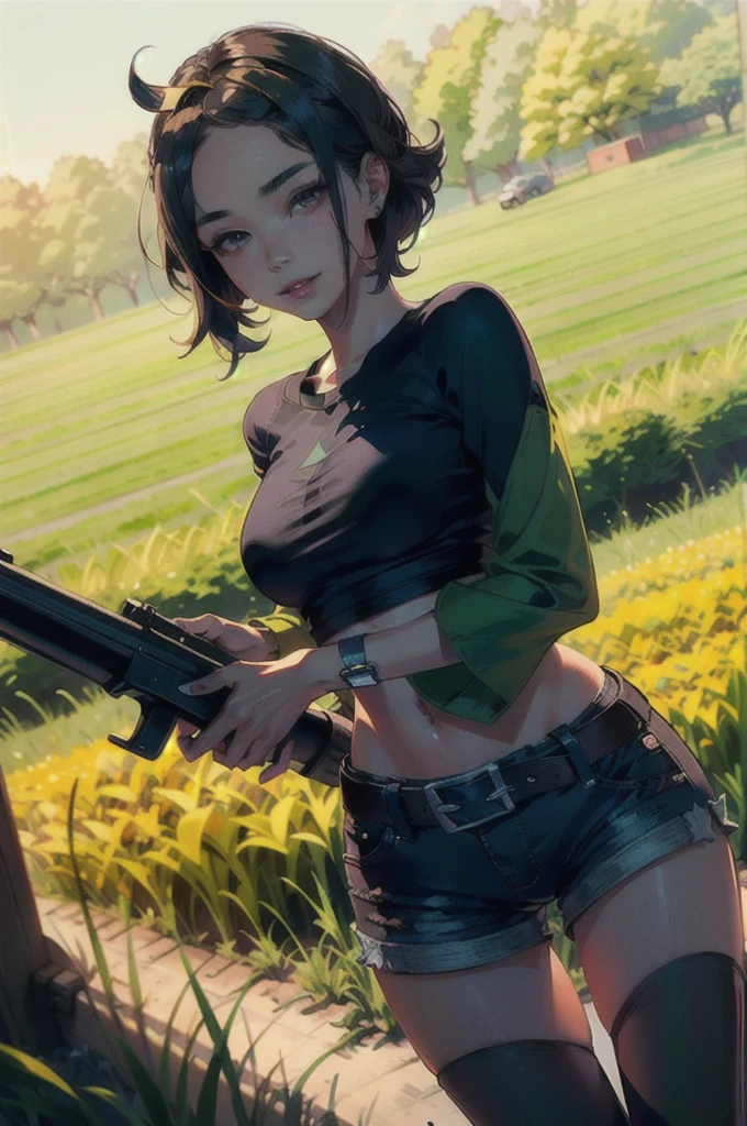 masterpiece, Highest quality, High resolution, Calm 1, 1 Girl, Calm 1, 1 Girl, Calm (Pokemon), alone, Grey Eyes, Black Hair, green Shorts, Red Tiara, shirt, tied shirt,, short hair, Short sleeve, Shorts, stripe, yellow shirt, belt, Middle class shooting, Grass, Field, smile, Are standing,