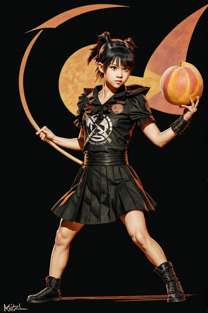 crocodile on two legs, holding a black flag with the babymetal logo, with a headband and a drawing of a peach