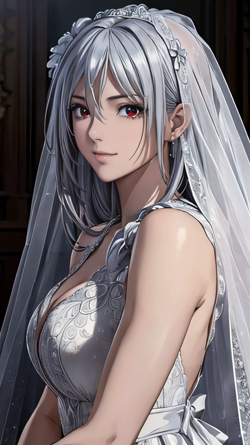 (Harf shot),(surreal), (figure), (Improved resolution), (8K), (very detailed), (Best figure), (beautiful and detailed eyes), (highest quality), (super detailed), (masterpiece ), ( wallpaper), (detailed face), (wedding dress),alone, 1 girl, looking at the viewer, small details, detailed face, in the dark, deep shadow, (red eye), discreet key, Pure erotic face ace_V1, long hair, (silver shawl straight hair), 46 point diagonal bangs, (light_smile:0.5), (Very embarrassed:0.8),