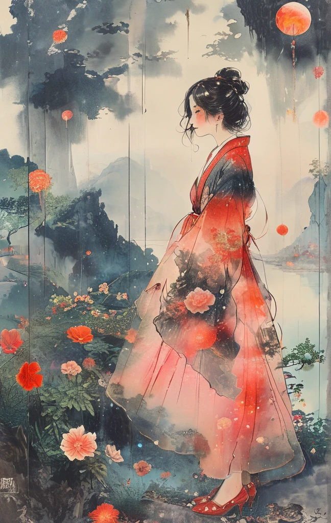 photoRealstic、((Super multiple exposure effect where the background can be seen through the clothes))、girl with、A smile、Lakeside in the background、Wonderful、towards the night view, If you leave the shutter open for a long time、create a line of light、An inky white painting,The painting shows a lady in an old red dress,There is a huge pink goldfish in the clouds, Made of fog, Dark white and pink, In the style of Li Shuxing, shilin huang, Brilliant talent, Ethereal form, gigantic scale, Elegant and balanced, Doubleexposure, Cloud effects:1.5,elevation,Faraway view,super detailing,best qualtiy,tmasterpiece,8K,Extremely detailed,Epic artwork,Fine face