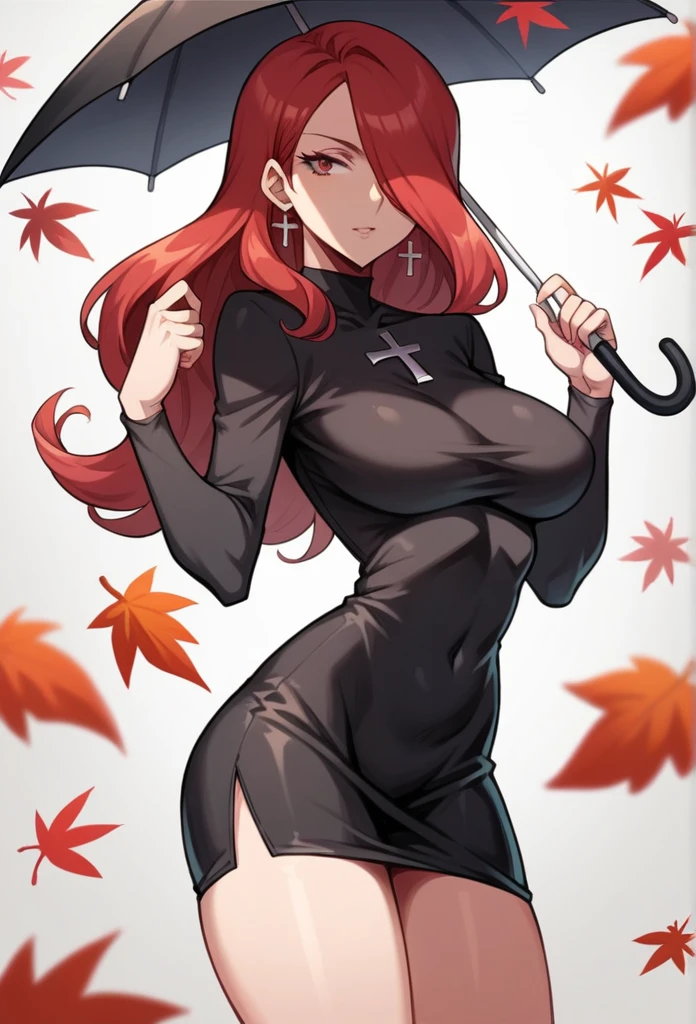 Parasoul, mature woman, long legs,sexy ,short little dress,coto vaste dress,tiny dress ,long tight sleeves, ultra black dress ,semi-exposed thighs ,medium hips, bigger breasts, inverted cross figure on the chest, holding a black umbrella in his hand, red leaves, one eye covered