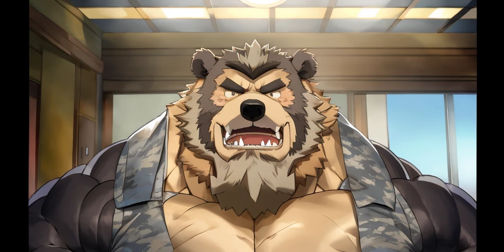 a close up of a Grizzly Bear with a beard and a beard, an angry muscular army general, 2 0 1 9 anime screenshot, in the anime film, anime Baloo, hideaki anno anime, still from tv anime, buff man, in an anime