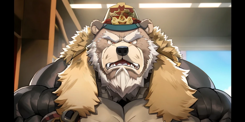 a close up of a Grizzly Bear with a beard and a beard, an angry muscular army general, 2 0 1 9 anime screenshot, in the anime film, anime Baloo, hideaki anno anime, still from tv anime, buff man, in an anime