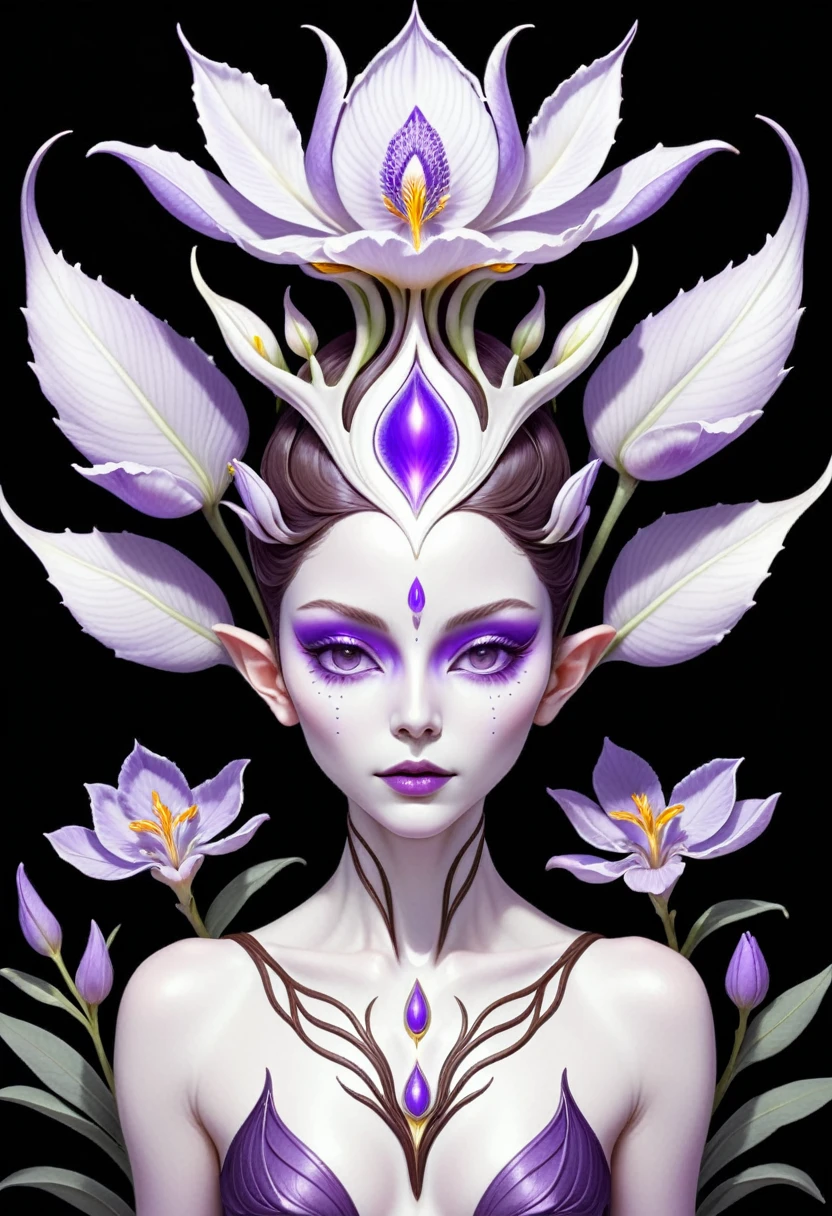 Illustration of a fantasy creature with a white, alien-like body and a head resembling a purple flower. Large, almond-shaped eyes with purple irises. A third eye in the center of the forehead. Lavender petals forming a crown around the head. Thin, branch-like arms. A small purple flower on the chest. Dark brown background. Style mixing botanical illustration with surreal fantasy art. Hand-drawn look with visible line work and subtle texturing. Muted color palette dominated by white, lavender, and dark brown. Trending on ArtStation.