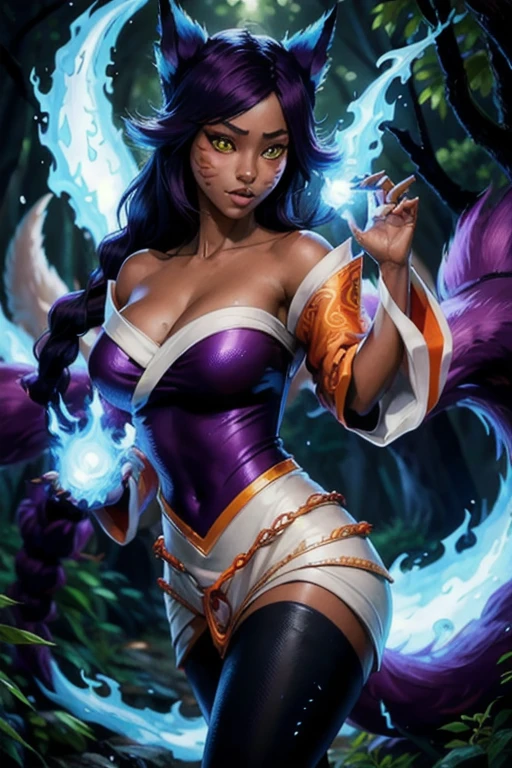 (best quality:1.3), (4K quality),masterpiece, best quality, high res, detailed, (Detailed face:1.2), (Detailed eyes:1.2), (Perfect figure:1.2), Fantasy style, Fantasy environment, 1girl, solo, (merge Ahri with Yoruichi Shihoin), (Kitsune:1.2), dynamic pose, long purple hair, bright yellow eyes, purple eyeshadow, red lipstick, dark skin, dark-skinned female, purple fox tail, multiple tails, braid, orange Korean kimono, off shoulder top, cleavage, waist short skirt, black leggings, medium breast, forest background, detailed background, perfect hands, blue fire, blue flame magic, hands generating blue flame magic,
