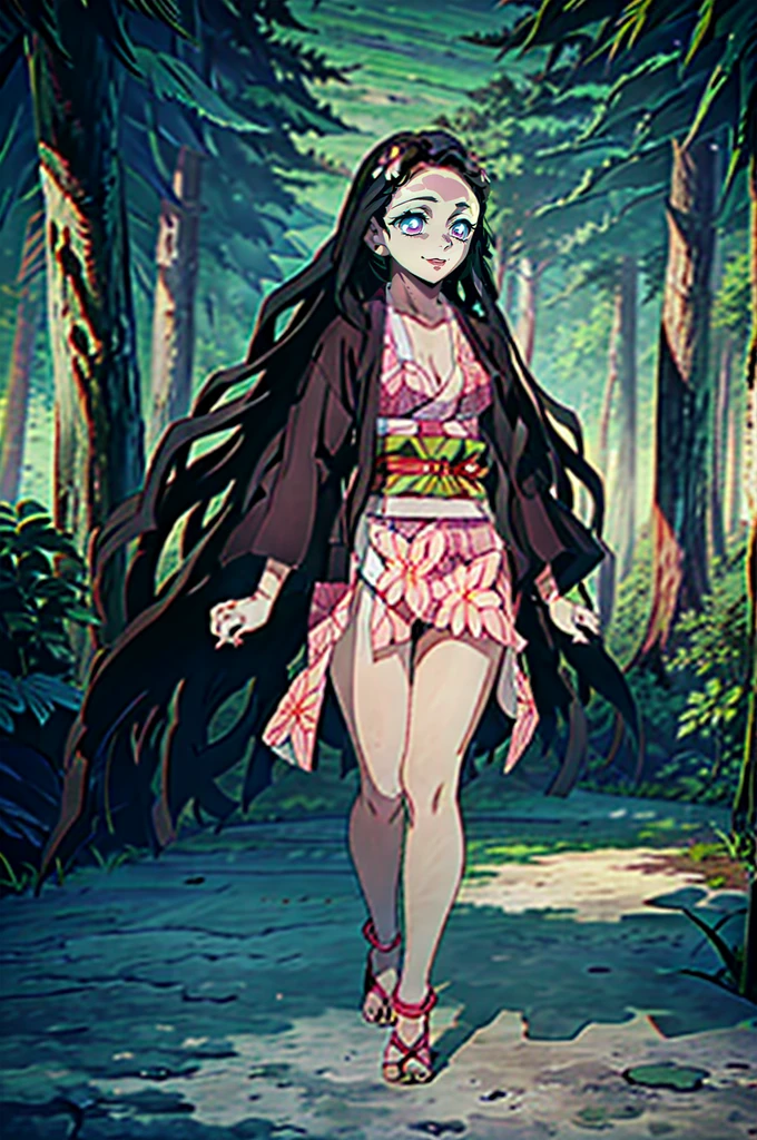 estilo kimetsu no yaiba, 1 girl, beautiful girl, alone, beautiful pink eyes, smiling, Shiny black hair, extra long hair, ((Masterpiece)), in the forest by day, ((Masterpiece)), (((high quality))), japanese clothes, pink sleeveless floral kimono, bare chest, separate sleeves. full body, beautiful body, giant breasts, small waist, Wide hips. (full quality) (Best Quality) (high quality).