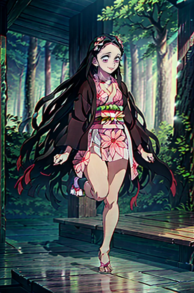 estilo kimetsu no yaiba, 1 girl, beautiful girl, alone, beautiful pink eyes, smiling, Shiny black hair, extra long hair,   ((Masterpiece)), in the forest by day,  ((Masterpiece)), (((high quality))), japanese clothes, pink sleeveless floral kimono, bare chest, separate sleeves. full body, beautiful body, giant breasts, small waist, Wide hips. (full quality) (Best Quality) (high quality).