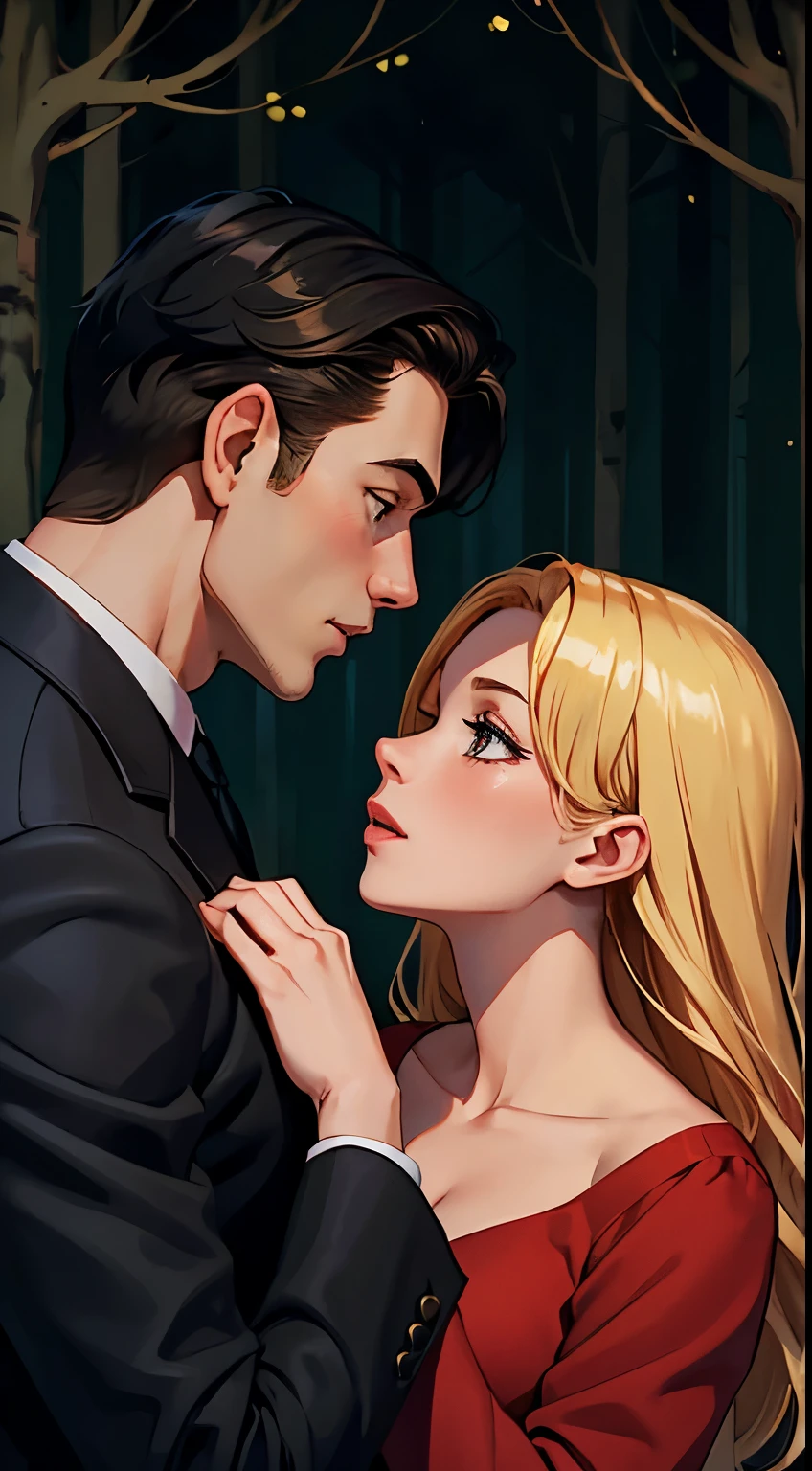 A dark forest background.

A girl with blonde hair in a red dress. Being kissed by a man with black hair wearing a suit