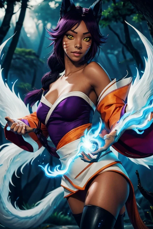 (best quality:1.3), (4K quality),masterpiece, best quality, high res, detailed, (Detailed face:1.2), (Detailed eyes:1.2), (Perfect figure:1.2), Fantasy style, Fantasy environment, 1girl, solo, (merge Ahri with Yoruichi Shihoin), (Kitsune:1.2), dynamic pose, long purple hair, bright yellow eyes, purple eyeshadow, red lipstick, dark skin, dark-skinned female, purple fox tail, multiple tails, braid, orange Korean kimono, off shoulder top, cleavage, waist short skirt, black leggings, medium breast, forest background, detailed background, perfect hands, blue fire, blue flame magic, hands generating blue flame magic,