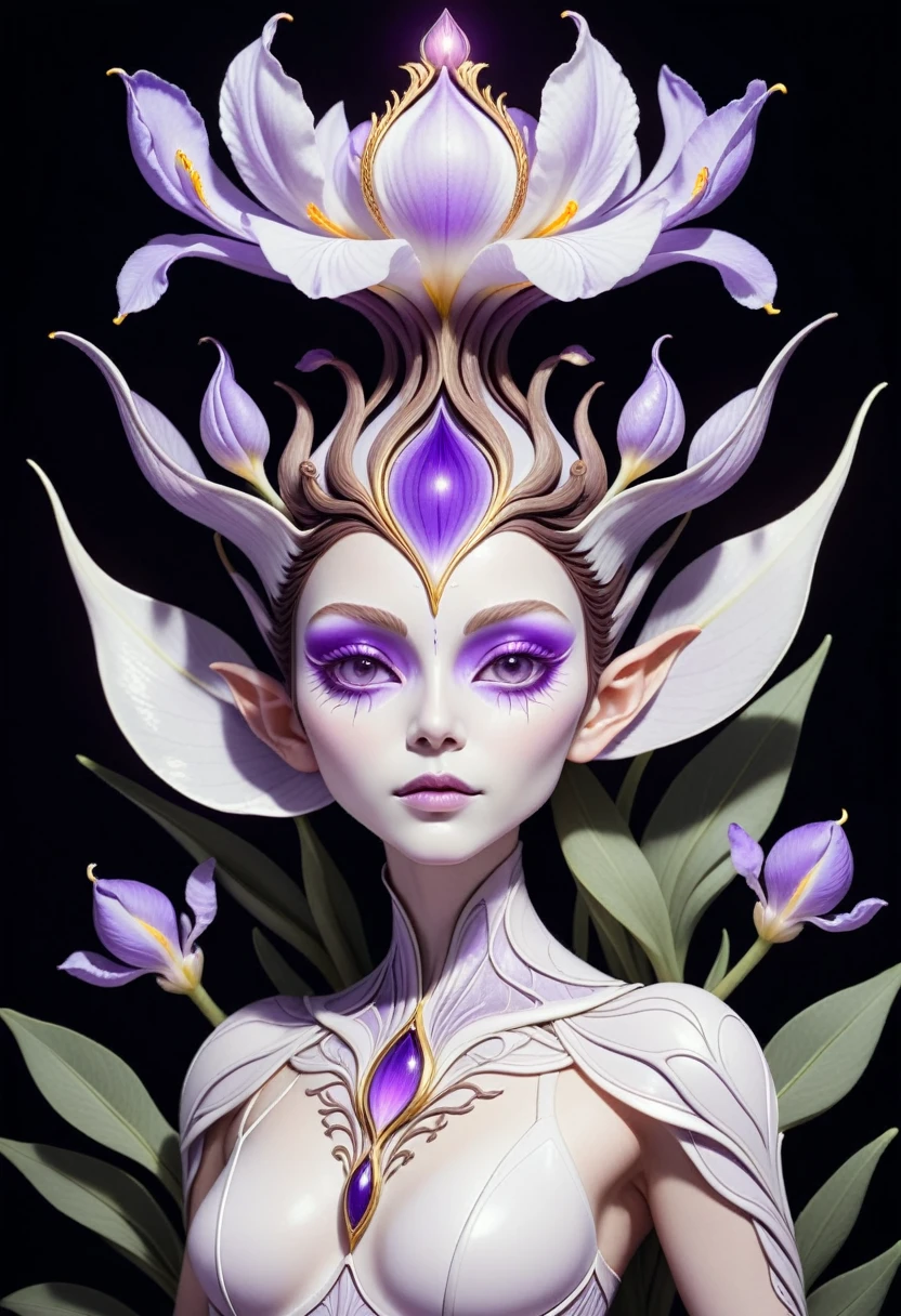 Illustration of a fantasy creature with a white, alien-like body and a head resembling a purple flower. Large, almond-shaped eyes with purple irises. A third eye in the center of the forehead. Lavender petals forming a crown around the head. Thin, branch-like arms. A small purple flower on the chest. Dark brown background. Style mixing botanical illustration with surreal fantasy art. Hand-drawn look with visible line work and subtle texturing. Muted color palette dominated by white, lavender, and dark brown. Trending on ArtStation.