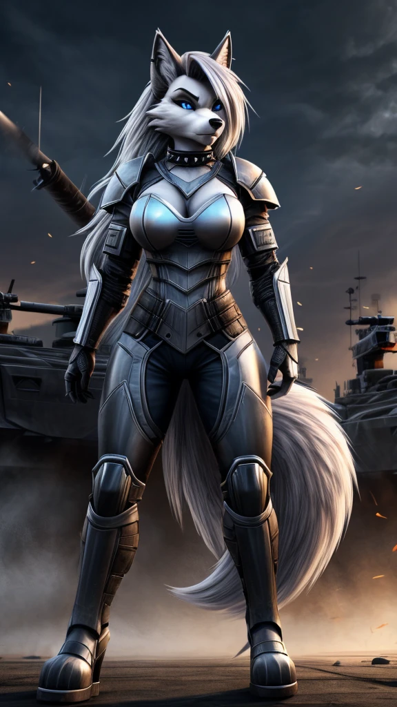 Loona from Helluva Boss, female wolf, mature adult, anthro, tall, muscular, white hair, blue eyes, massive military combat armor, standing, serious, detailed, solo, beautiful, high quality, 4K