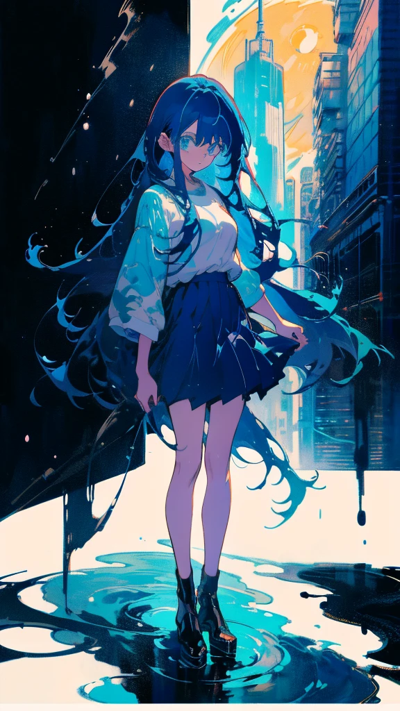 Blue-haired long hair，Design clothing，Seven-doppelganger shot，Anime style 4K，Anime girl with teal hair，High quality anime art style，Standing painting，Splash ink background，Blue Themes、Pure white background,Buildings,Face close-up,Buildings,Moon and sun、Long legs