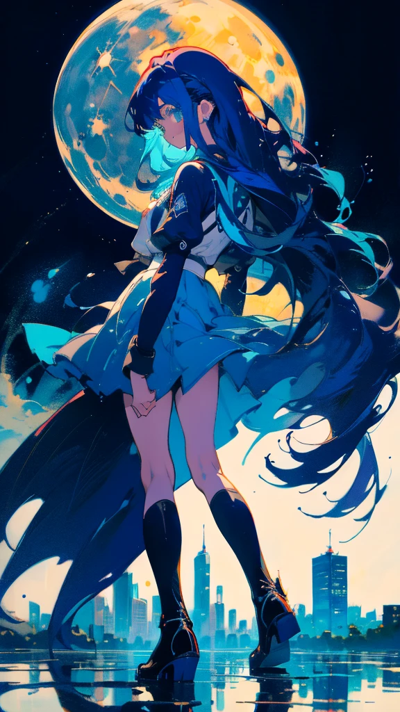 Blue-haired long hair，Design clothing，Seven-doppelganger shot，Anime style 4K，Anime girl with teal hair，High quality anime art style，Standing painting，Splash ink background，Blue Themes、Pure white background,Buildings,Face close-up,Buildings,Moon and sun、Long legs