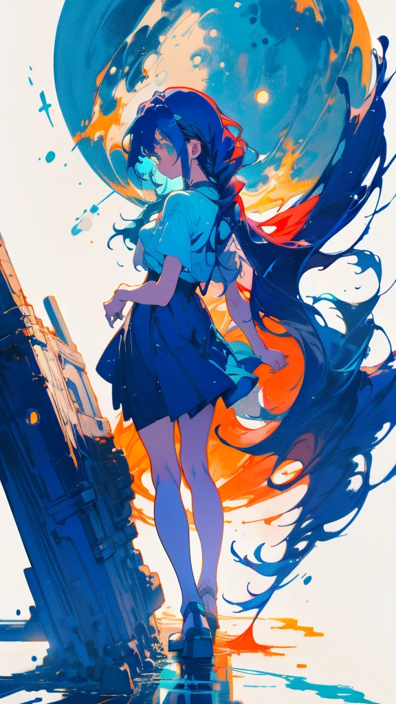 Blue-haired long hair,Design clothing,Seven-doppelganger shot,Anime style 4K,Anime girl with teal hair,High quality anime art style,Standing painting,Splash ink background,Blue Themes、Pure white background,Buildings,Face close-up,Buildings,Moon and sun、Long legs