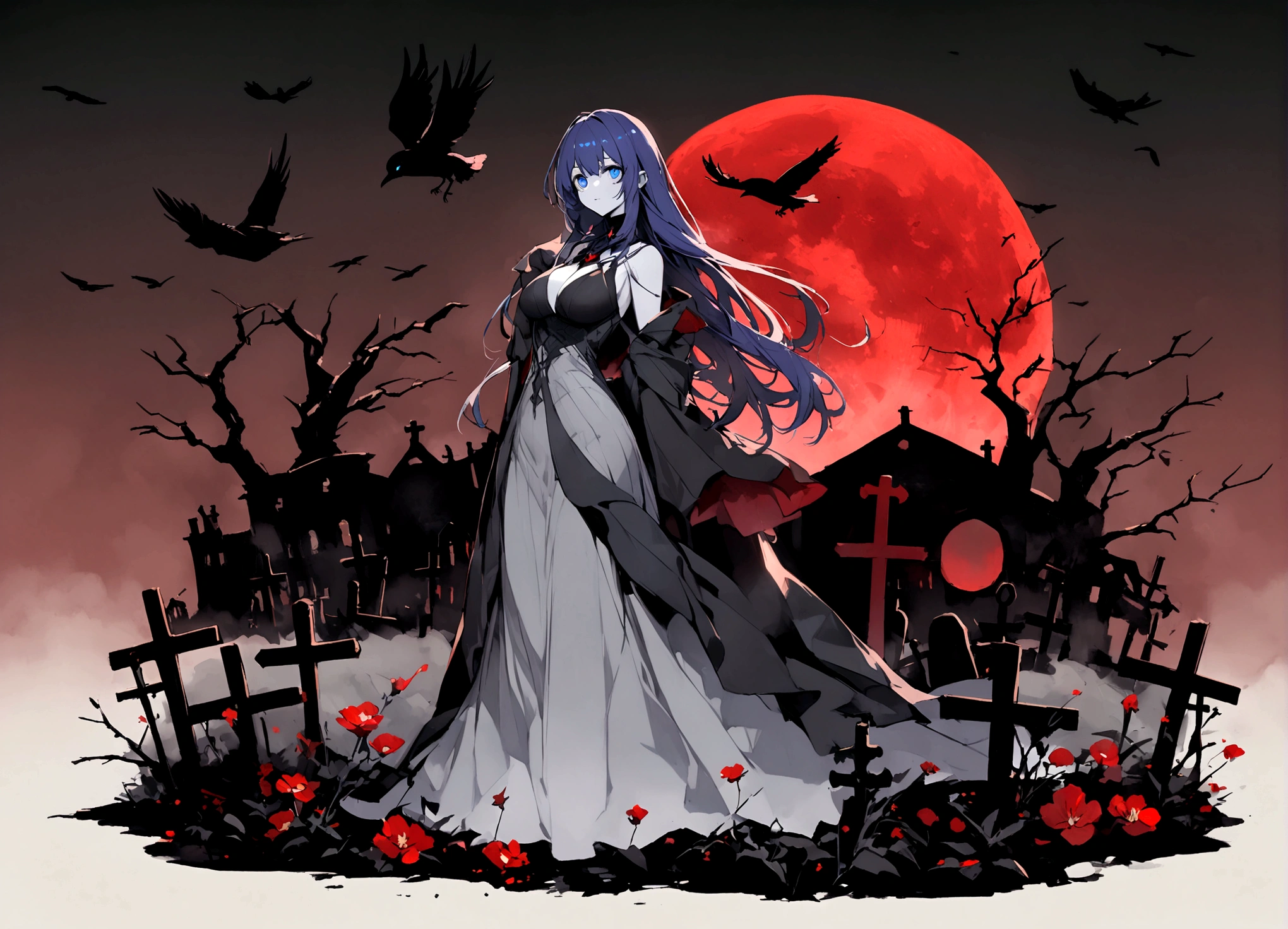 長い髪のbeautifulアニメ風の美女, (((Purple-blue hair)))Long Hair,(((Highest quality)))Transparent Hair,Face of Sadness,(((blue eyes)))A beautiful woman filled with sorrow,(((A well-defined, glamorous body)))((Huge bust))Tight waist,(((Black and grey radical dress))),(((Radical Clergy)))Chaotic clothes,Rosary(((beautiful)))Pale skin,(((Glossy feel)))Full Body Shot,Crow,(((background)))dead tree,fog,Red Moon,Mysterious flower,Graveyard of Darkness。