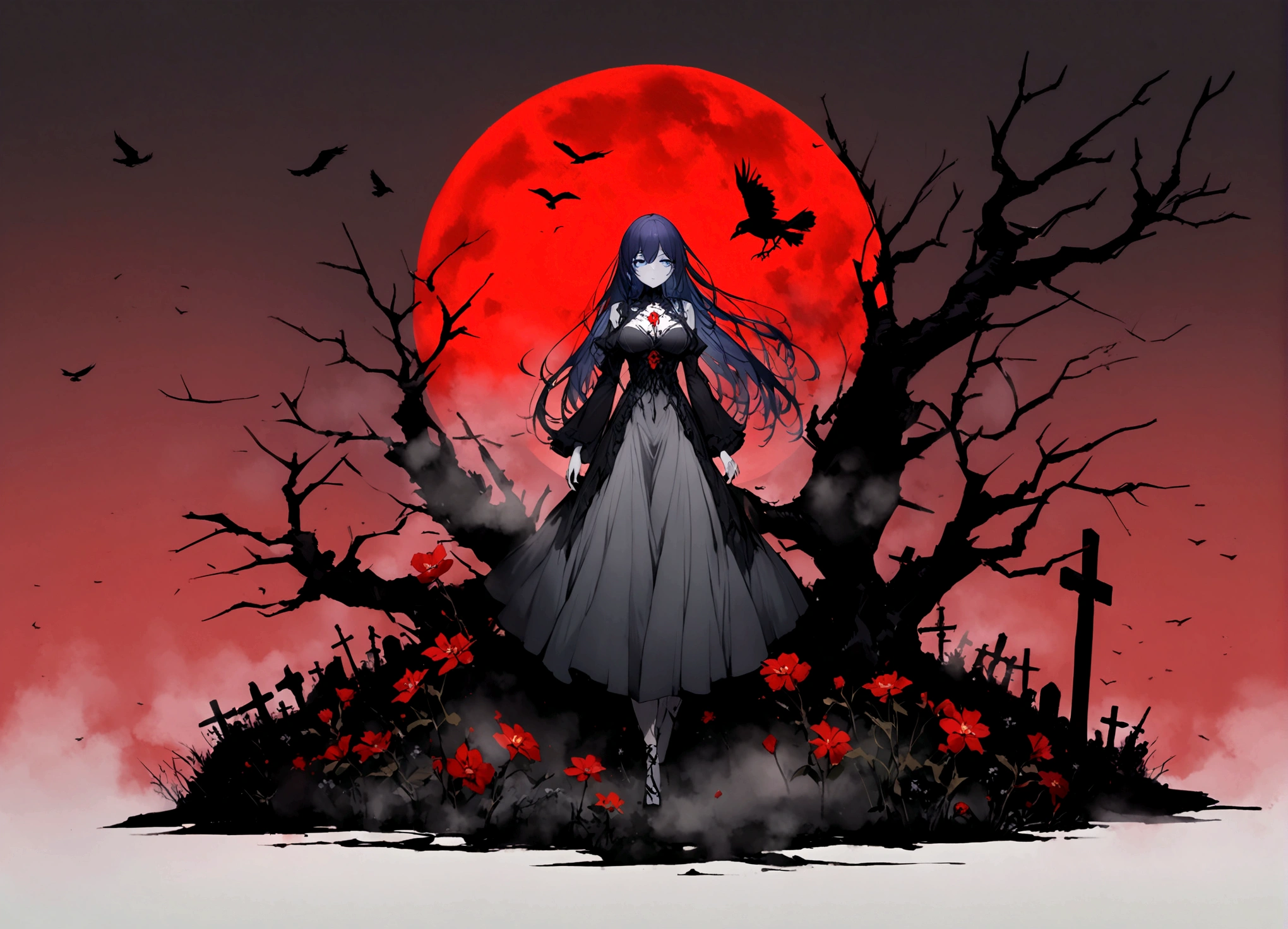 長い髪のbeautifulアニメ風の美女, (((Purple-blue hair)))Long Hair,(((Highest quality)))Transparent Hair,Face of Sadness,(((blue eyes)))A beautiful woman filled with sorrow,(((A well-defined, glamorous body)))((Huge bust))Tight waist,(((Black and grey radical dress))),(((Radical Clergy)))Chaotic clothes,Rosary(((beautiful)))Pale skin,(((Glossy feel)))Full Body Shot,Crow,(((background)))dead tree,fog,Red Moon,Mysterious flower,Graveyard of Darkness。