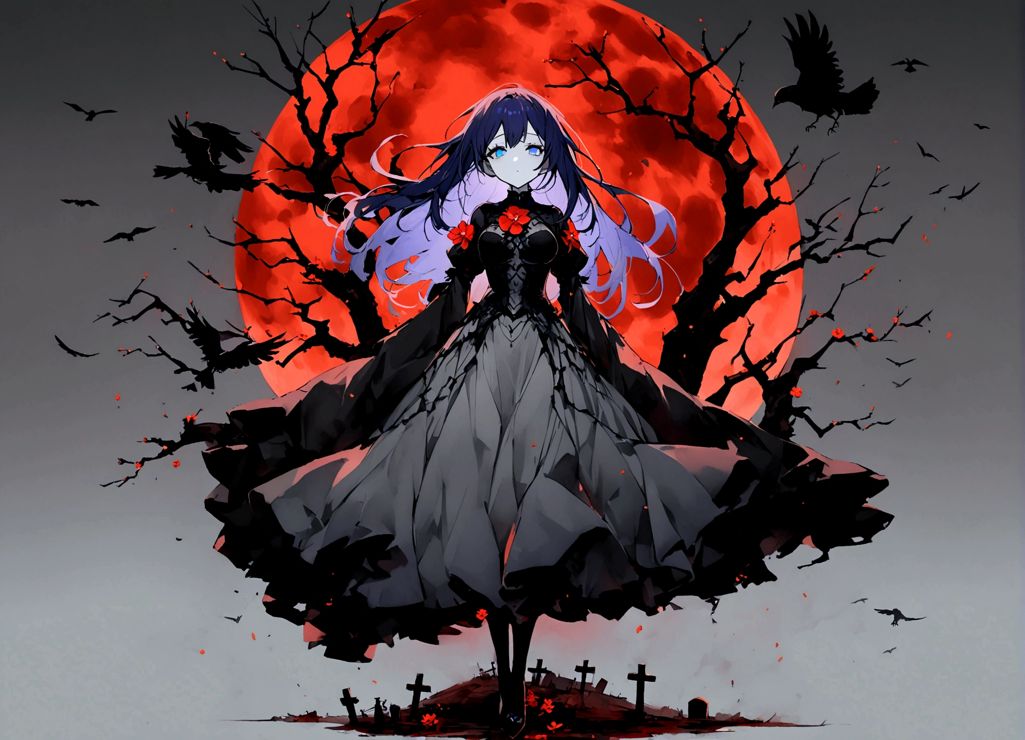 長い髪のbeautifulアニメ風の美女, (((Purple-blue hair)))Long Hair,(((Highest quality)))Transparent Hair,Face of Sadness,(((blue eyes)))A beautiful woman filled with sorrow,(((A well-defined, glamorous body)))((Huge bust))Tight waist,(((Black and grey radical dress))),(((Radical Clergy)))Chaotic clothes,Rosary(((beautiful)))Pale skin,(((Glossy feel)))Full Body Shot,Crow,(((background)))dead tree,fog,Red Moon,Mysterious flower,Graveyard of Darkness。