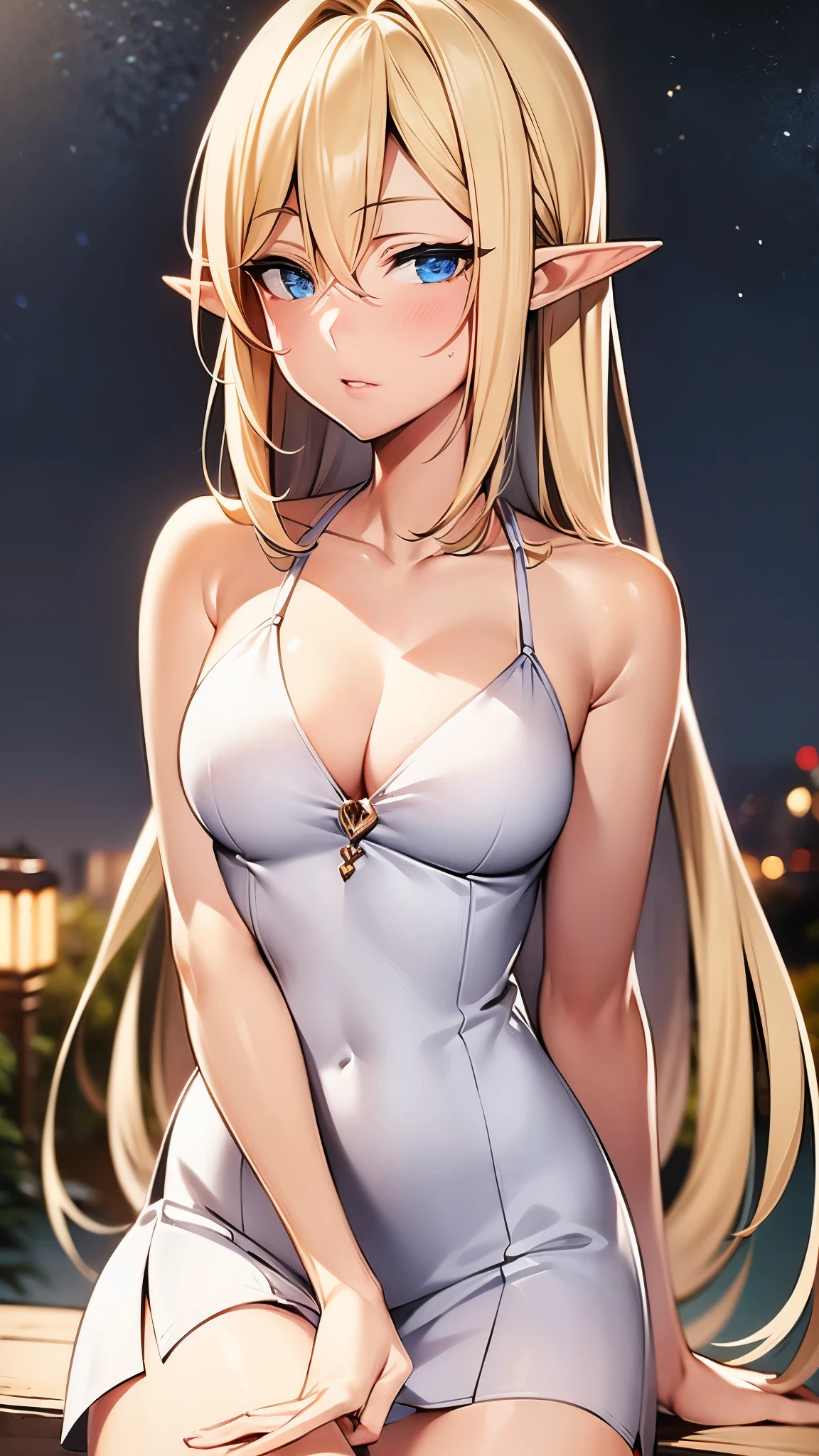 1 girl, Beautiful elf lady, blonde Long straight hair, upturn elf pointy ears, sexy figure, hot body, very beautiful face, detailed face, delicate eyes, detailed pupil, beautiful and delicate lips, blush, shy, heart, in love, white camisole long skirt, Simple and stylish, small crystal earrings, hand drawn animation, high detailed, outdoor, symmetrical clothes, best quality, masterpiece, retina,