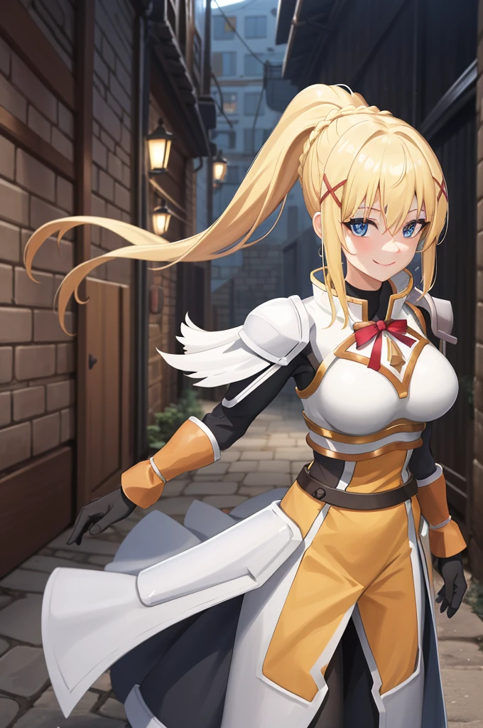 best quality, highres, 1girl, long hair, blonde hair, x hair ornament, armor, blue eyes, ponytail, hair ornament, gloves, shoulder armor, braid, black gloves, pauldrons, white boots, darkness \(konosuba\), ((large breasts)), cowboy shot, dark and lonely city alley , smile,