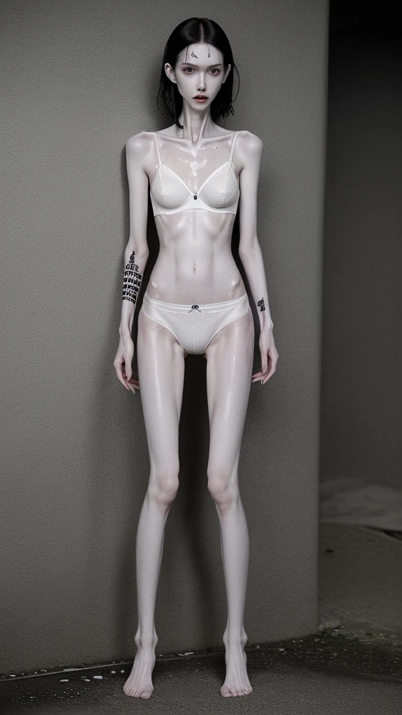 a woman, very thin body, body visible bones,sweaty wet body, very slender, pale white skin, panties, bra,tatto, full body, has a mental breakdown in an underground prison.