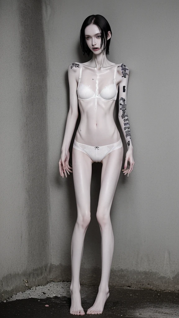 a woman, very thin body, body visible bones,sweaty wet body, very slender, pale white skin, panties, bra,tatto, full body, has a mental breakdown in an underground prison.