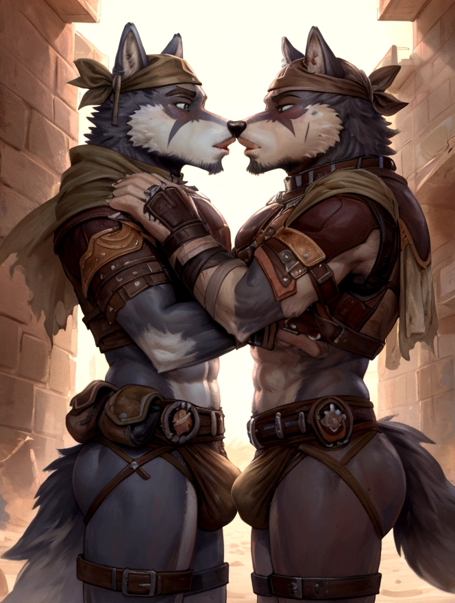 Couple of Sexy young anthro furry wolf males mercenary medieval soliders, slim endomorph muscular, anthro handsome gay shorter muzzle, handsome gay model male apperance, sword scars, worn out leather skimpy armament, low on hips heavy leather belt, old very worn out skimpy dirty linen material jockstrap, old yellow dirty worn out stains on white sawn bulge jockstrap, very visible "x" brown seam pattern on the jockstrap, studded skimpy armlets breastplate armor, skimpy breastplate, leather bondages, fingerless leather gloves, smelly unwashed husk, dirty body look, desert battlefield, they touch each other with their bulgy jockstraps kissing together, they are close sexilly hugging and gay kissing, side view, they press jockstraps against each other, they rub bulge jockstraps against each other, precum