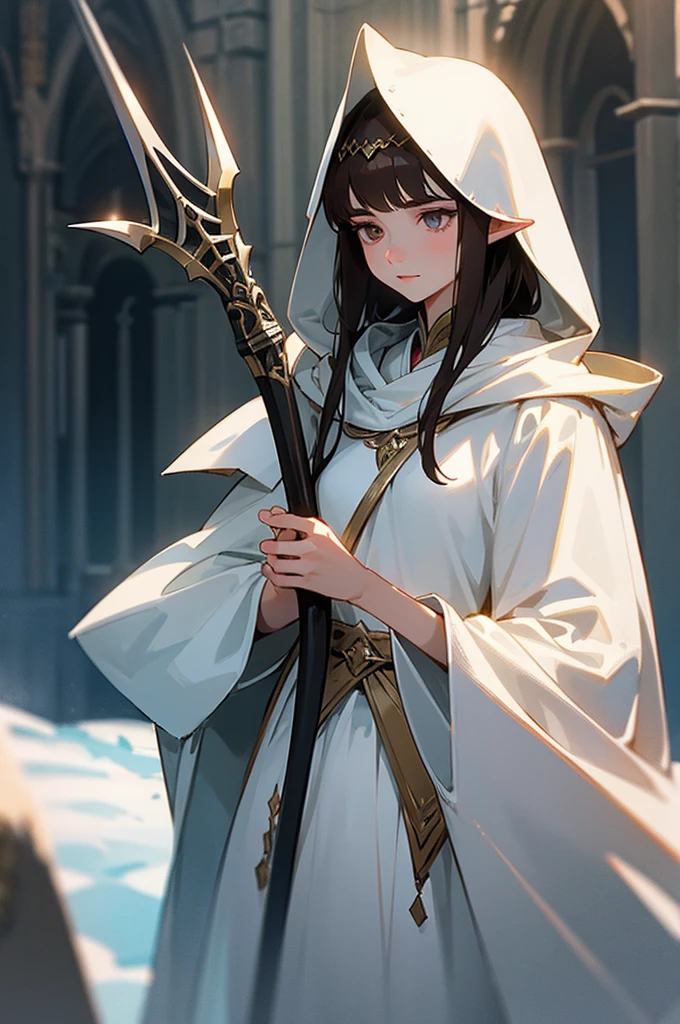 female, 5’3, Elven princess, medium dark brown hair and eyes, small markings under her eyes, pointy ears, white skin, holding a beautiful silver trident. White hooded cloak, a light aesthetic.