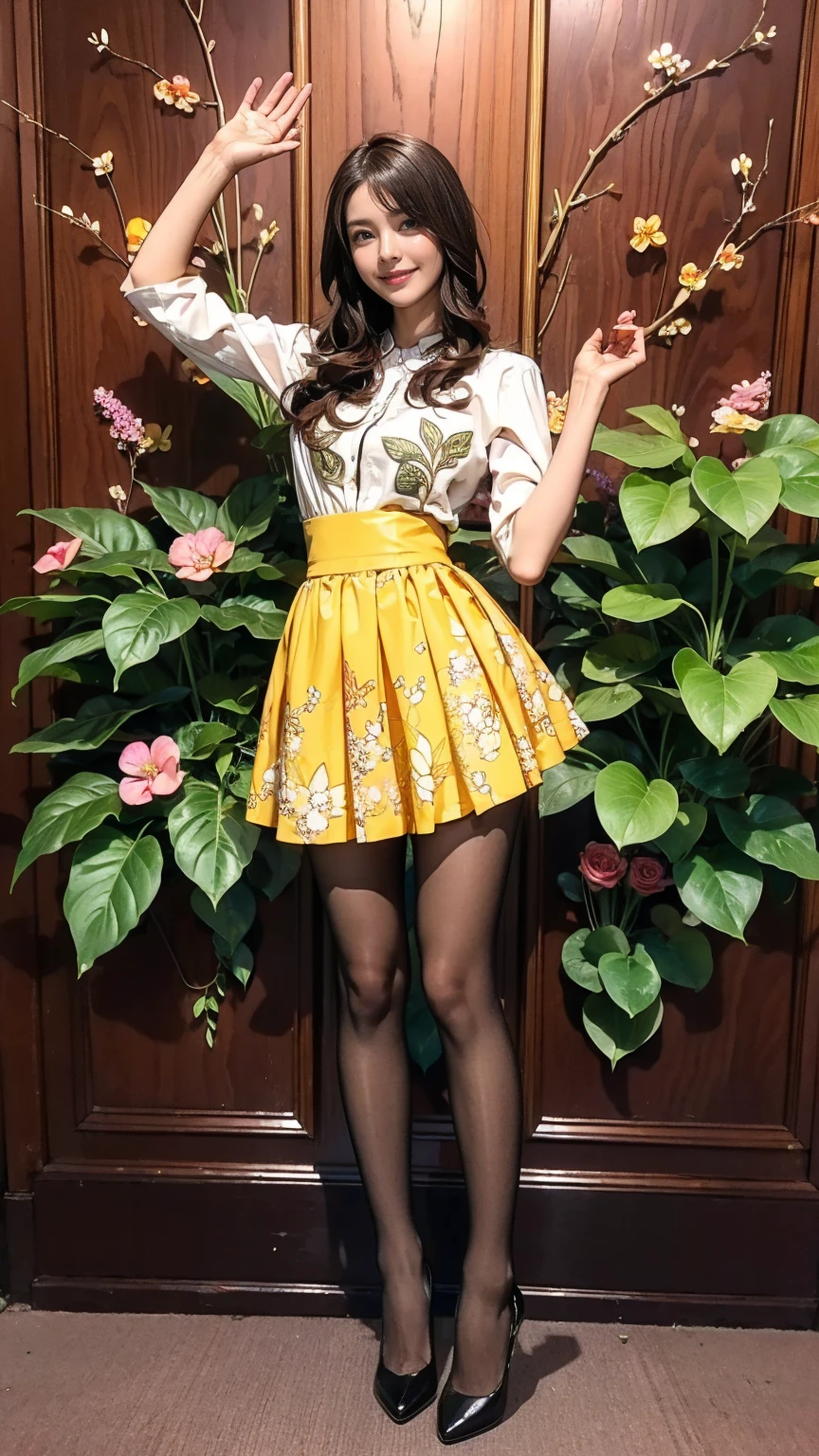 ((masterpiece)),(((Highest quality))),Thin thighs,Long legs,whole body:1.5，(One Girl:1.3),(Black pantyhose and thick pointy heels：1.3),(Wearing a mini mini mini flare skirt dress with floral and ornamental plant patterns:1.2),Short Blonde:1.2、Model pose，high waist:1.5、Standing with legs apart:1.5，Raise your hands horizontally in a cute pose:1.5，The best smile:1.5，