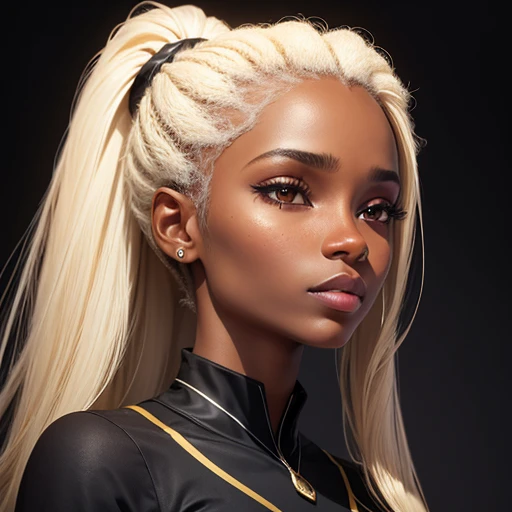 Reality of the face of a beautiful black African woman, low ponytail hair, dark color at the roots and light blonde in the length, 22 years old, looking up. black backdrop.