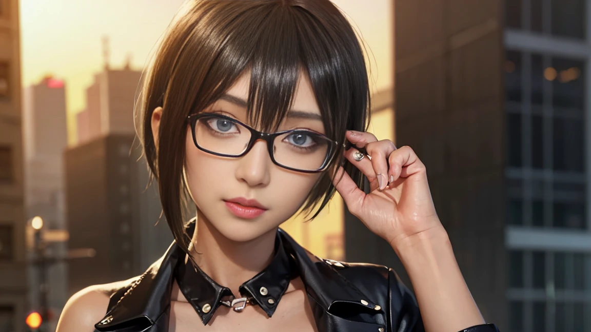 4K quality、最high qualityの傑作、Punk girl with thin glasses and a black shirt., (Heavy makeup), Blurred city background at sunrise, short hair, detailed face, high quality, high resolution、(full shot:1.8), big breasts、