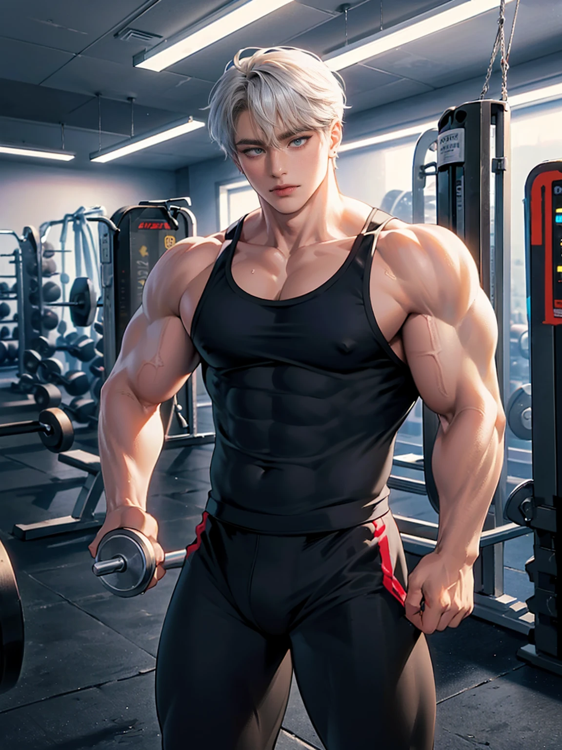 (masterpiece, 4K resolution, Surreal, Very detailed), (Knight theme, Charming, There was a boy wearing a silver tights, He is a bodybuilder), [ ((20 years), (short hair:1.2), whole body, (Heterochromia:1.2), ((Dynamic display), ((Gym environment):0.8)| (Fitness equipment landscape, light), (fluorescent lamp))