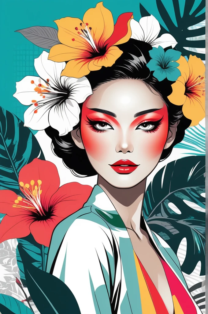 Create a digital art work in pop art style, featureing a vibrant and confident woman with bold makeup and colorfull fashion, cinematic color scheme, surrounded by vintage flowers patterns, energtic brushstrokes,the mood should be dynamic, upper body, drawing, illustration, grayscale, tropical, adubon fruits, adubon plants, many flowers, vector, painting oil, asian girl