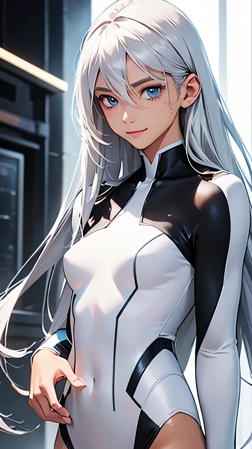 highest quality、Realistic、zoom、girl、Silver Hair、Light blue eyes、Long Straight Hair、Hero Suit、White bodysuit、Tanned black body、Tan、Brown Skin、Black、slender、Sweat、smile、