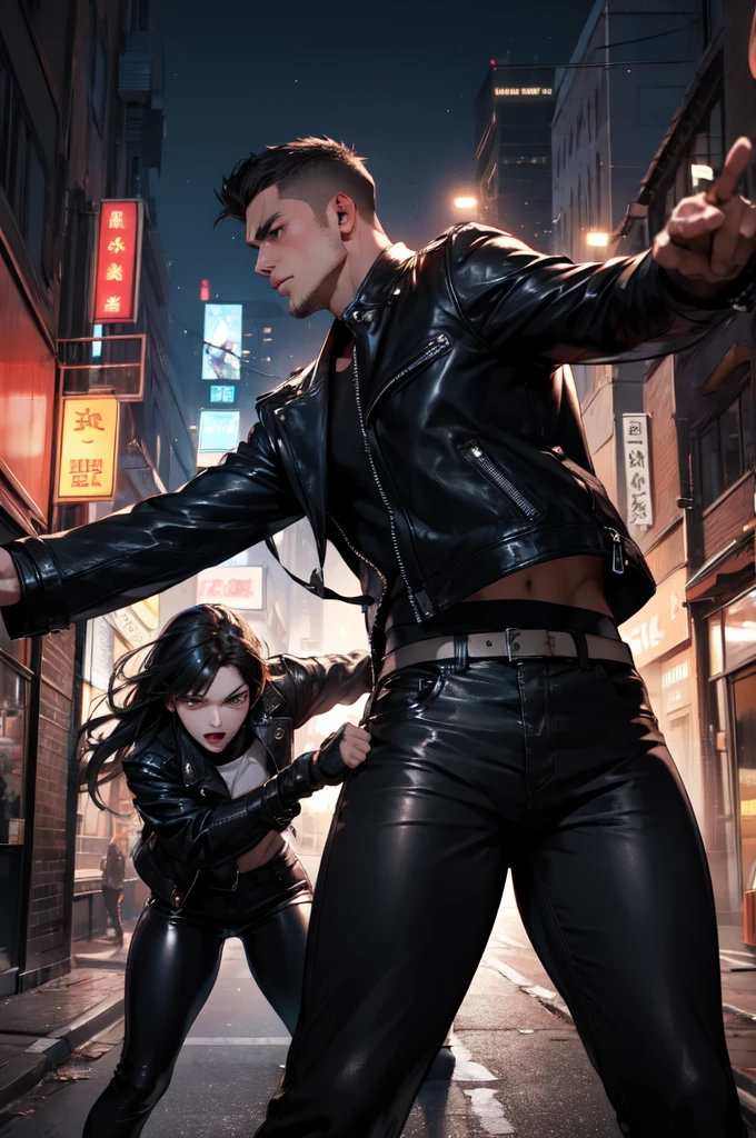 City backstreet at night、Females and males fight、The winner is a woman、A woman defeats a giant man、Men are down、The winner is a woman、Fighting Women、Expressionless woman、The woman is wearing a black leather jacket and black leather pants.、Dynamic pose、Males are falling