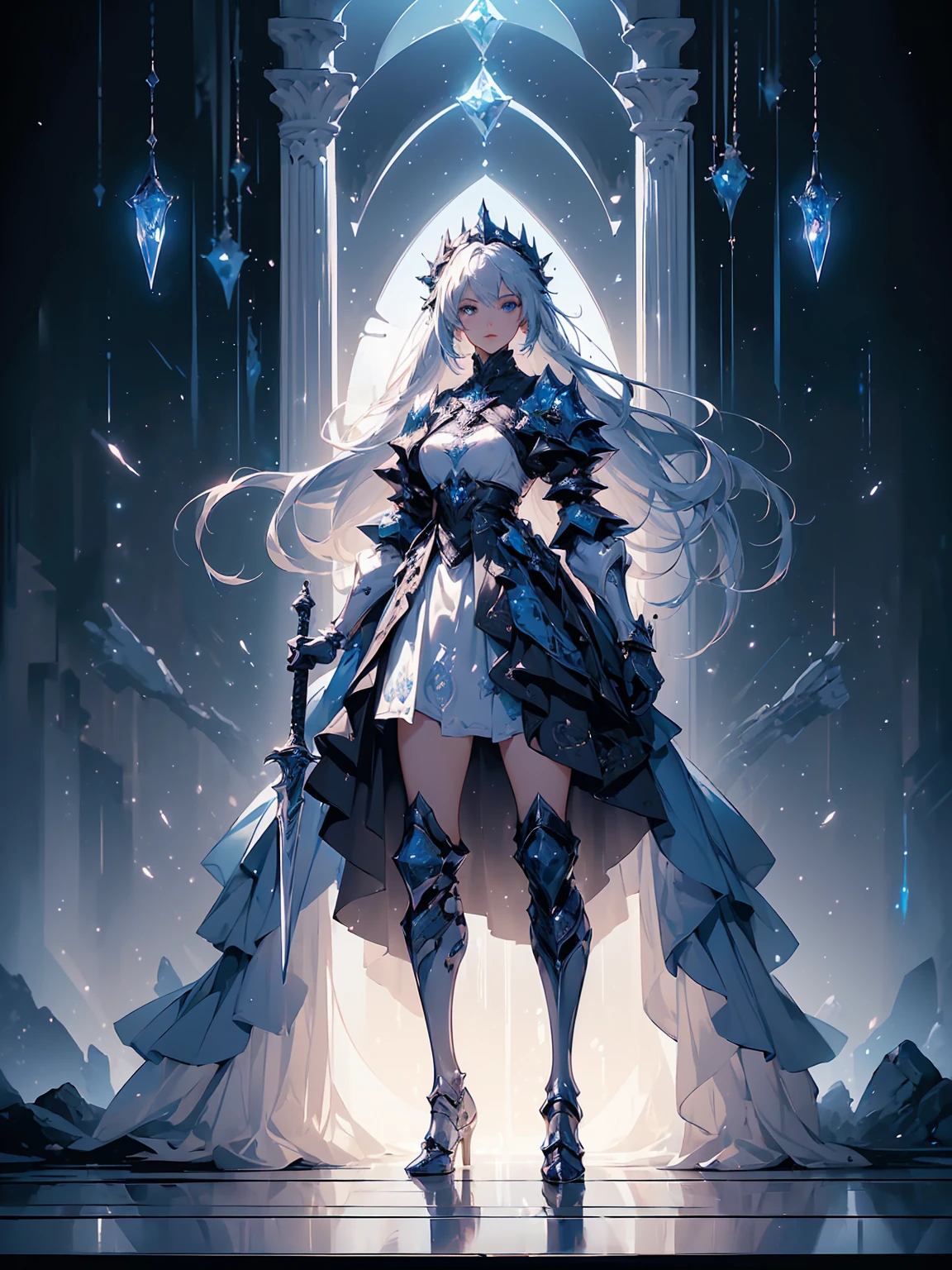(((masterpiece, best quality, high detailed, 8k))) Design a layout showcase Gaming character, (1girl). Silver|Blue clothes, stylish and unique. ((showcase weapon:1.4)), lightning rod. (masterpiece:1.2), (best quality), 4k, ultra-detailed. (Step by step design, layout art:1.5), (luminous lighting, atmospheric lighting). storm mage, ((glove full hands)), (((revealing clothes:1.3))), vambraces, armored legwear, (((full_body_shot:1.4))). {During a thunderstorm}.