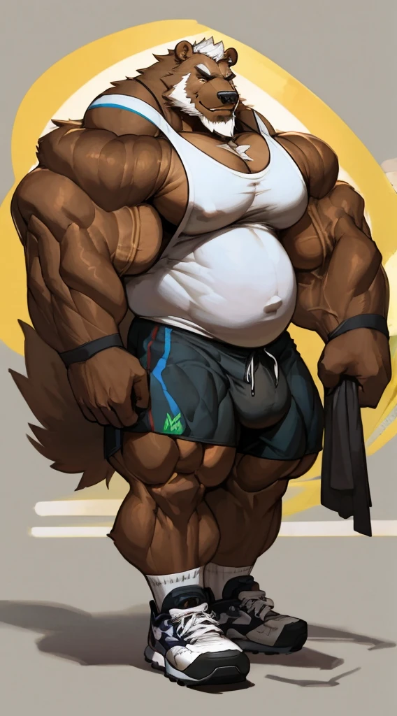 chubby Grizzly Bear in nigh street city (wearing white hym shorts and white tank top, gym shoes), big balls, hyper muscle, hyper muscular, hyper pecs, hyper pectoral, absurdly muscular, absurdly muscle size, flare lights, bur background, old grizzly bear, thick arm, huge arm, bearded. Thick huge heavy brown fur, White hair and long beard, bearded, muscular, pectoral, wide pectoral, large pectoral, realistic, 8k, masterpiece,