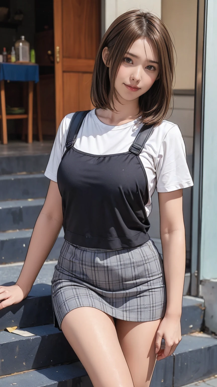 ((masterpiece)),(((Highest quality))),Thin thighs,Long legs,An 18-year-old high school girl standing on the school steps,White shirt,Blue and white plaid mini skirt:1.5,The best smile,Short bob with side waves:1.5，Carrying a black backpack，wear black loafers，Facing the front and spreading legs:1.5，