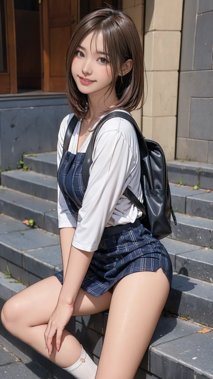 ((masterpiece)),(((Highest quality))),Thin thighs,Long legs,An 18-year-old high school girl standing on the school steps,White shirt,Blue and white plaid mini skirt:1.5,The best smile,Short bob with side waves:1.5,Carrying a black backpack,wear black loafers,Facing the front and spreading legs:1.5,