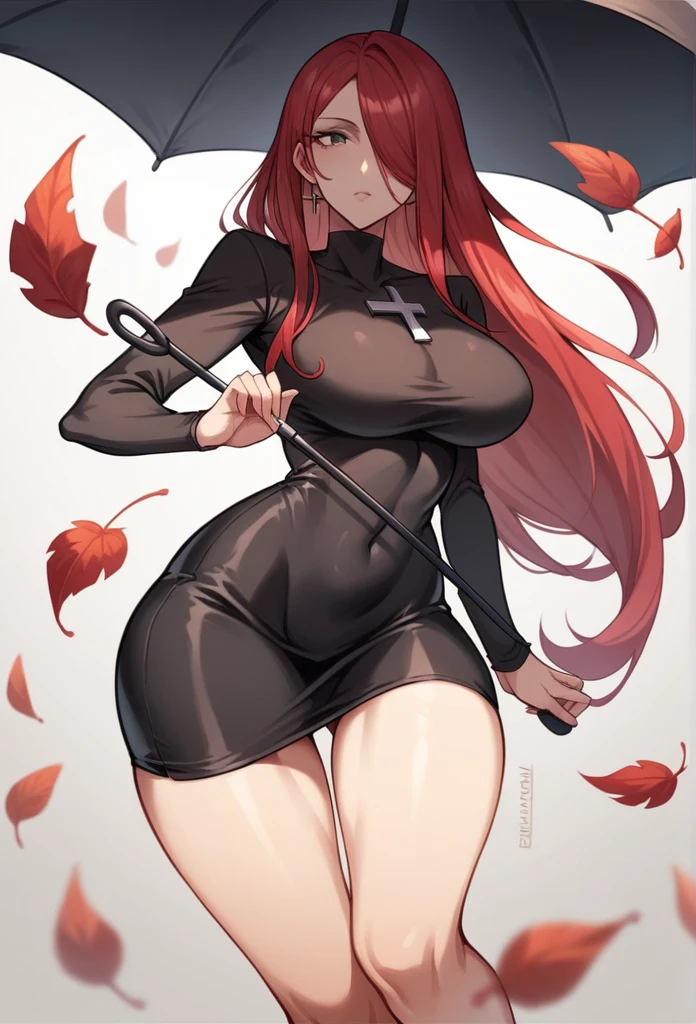 Parasoul, mature woman, long legs,sexy ,short little dress,coto vaste dress,tiny dress ,long tight sleeves, ultra black dress ,semi-exposed thighs ,medium hips, very big breasts, inverted cross figure on the chest, holding a black umbrella in his hand, red leaves, one eye covered, Red hair, 