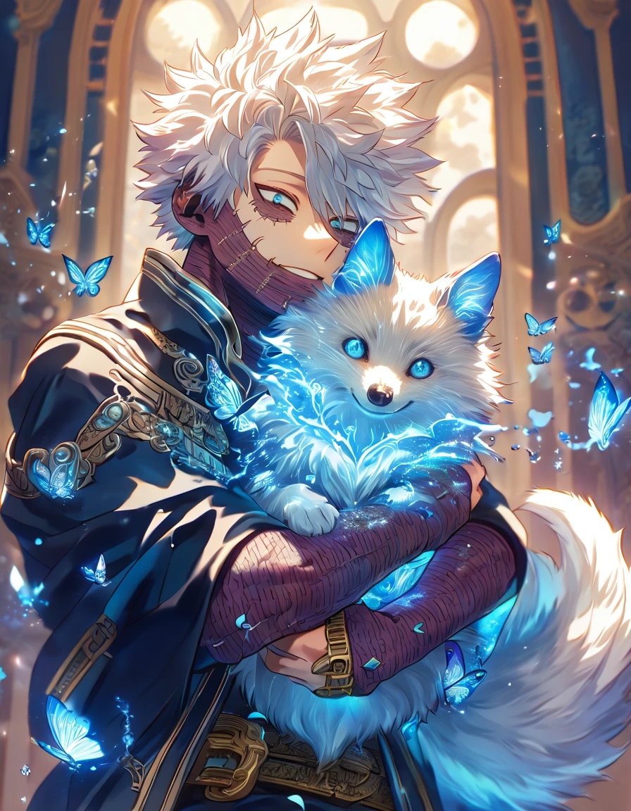 absurdres, highres, ultra detailed, HDR, master piece, best quality, extremely detailed, Dabi, white hair, expressive turquoise eyes, Boku No Hero Academia, sexy man hugging a fox, handsome, magical, fantasy, magic, blue fire, blue forest, glittering, blue butterflies, blue petals, blue flowers