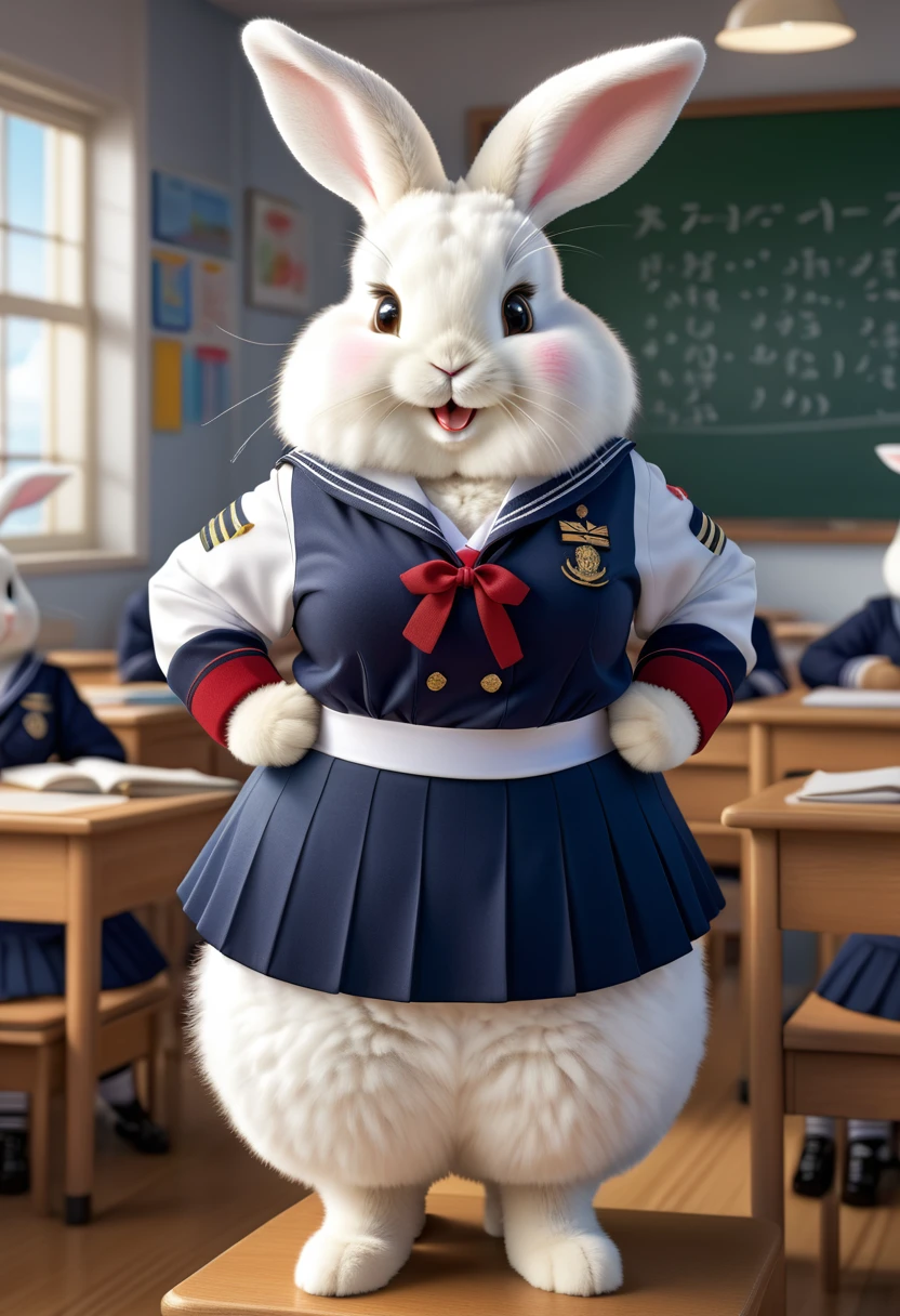 photorealistic portrait of Dressed animals-a ((fat)) ((angora rabbit)) student,(furry), (elegant pose:1.5), (hands on hips:1.5),(smile:1.5),high quality,(),(lovely) ,intricate details, Wearing Japanese sailor uniform , (), highly detailed ((female sailor uniform)) ,highly detailed clothes, high sox , (happy), soft lighting,(full body image:2.0),in classroom background,clouds,score_9, score_8_up, score_7_up, score_6_up, score_5_up, score_4_up,