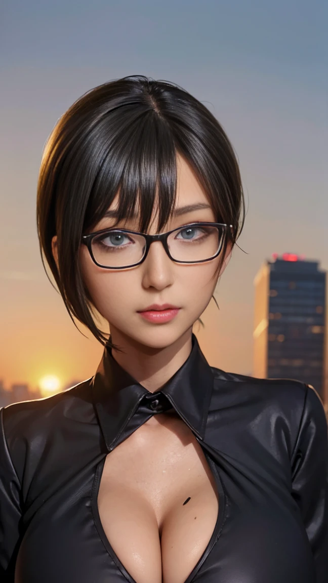 4K quality、最high qualityの傑作、Punk girl with thin glasses and a black shirt., (Heavy makeup), Blurred city background at sunrise, short hair, detailed face, high quality, high resolution、(full shot:1.8), big breasts、