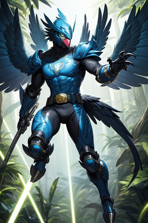 ((best quality)), ((masterpiece)), (detailed), 1 man, full body, 25 years old, masked, blue mask, blue head, uncovered mouth, biker helmet, blue helmet, parrot helmet, black neck, tall, thin, black beak, black details, a green parrot with a blue head on his side, metallic wings, wings on his arms, blue fingerless gloves, blue wristbands, luminous blue wings shooting lasers, blue suit resembling light armor, blue suit with an emblem, entirely green chest, emblem on his chest, green pants, deployable bird tail, metallic feathers, gray knee pads, metallic gray boots, metallic bird claws, black superhero belt, flying through the jungle, midday jungle background, anime