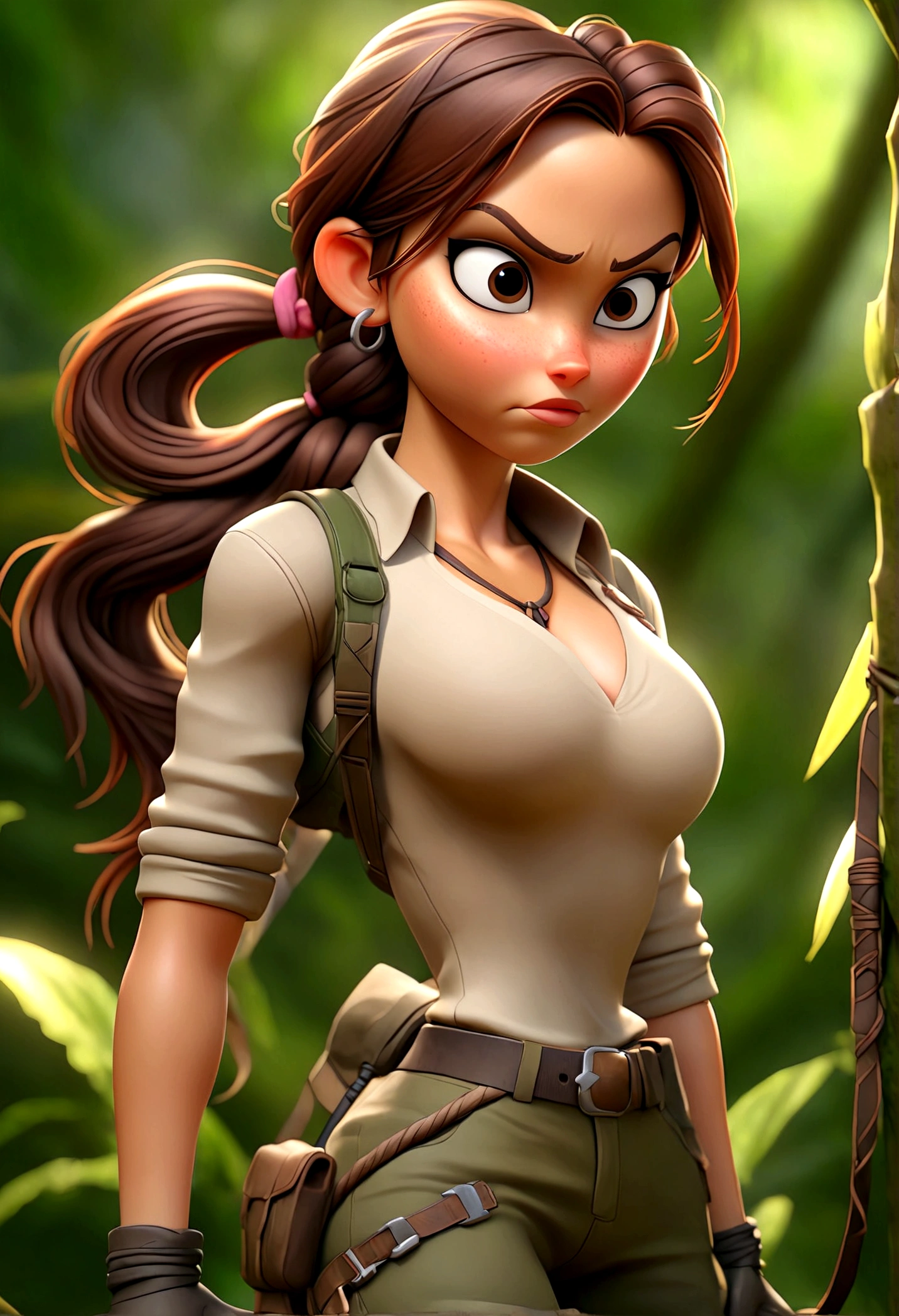 (Best quality, high resolution: 1.2), Ultra-detailed, (Realistic: 1.37) brunette, médium ponytail brown hair, brown eyes big chest, 18 years, full body, tomb raider outfit full body full body picture hugh-boobs and smile (( 4 pose of jungle mexico field))