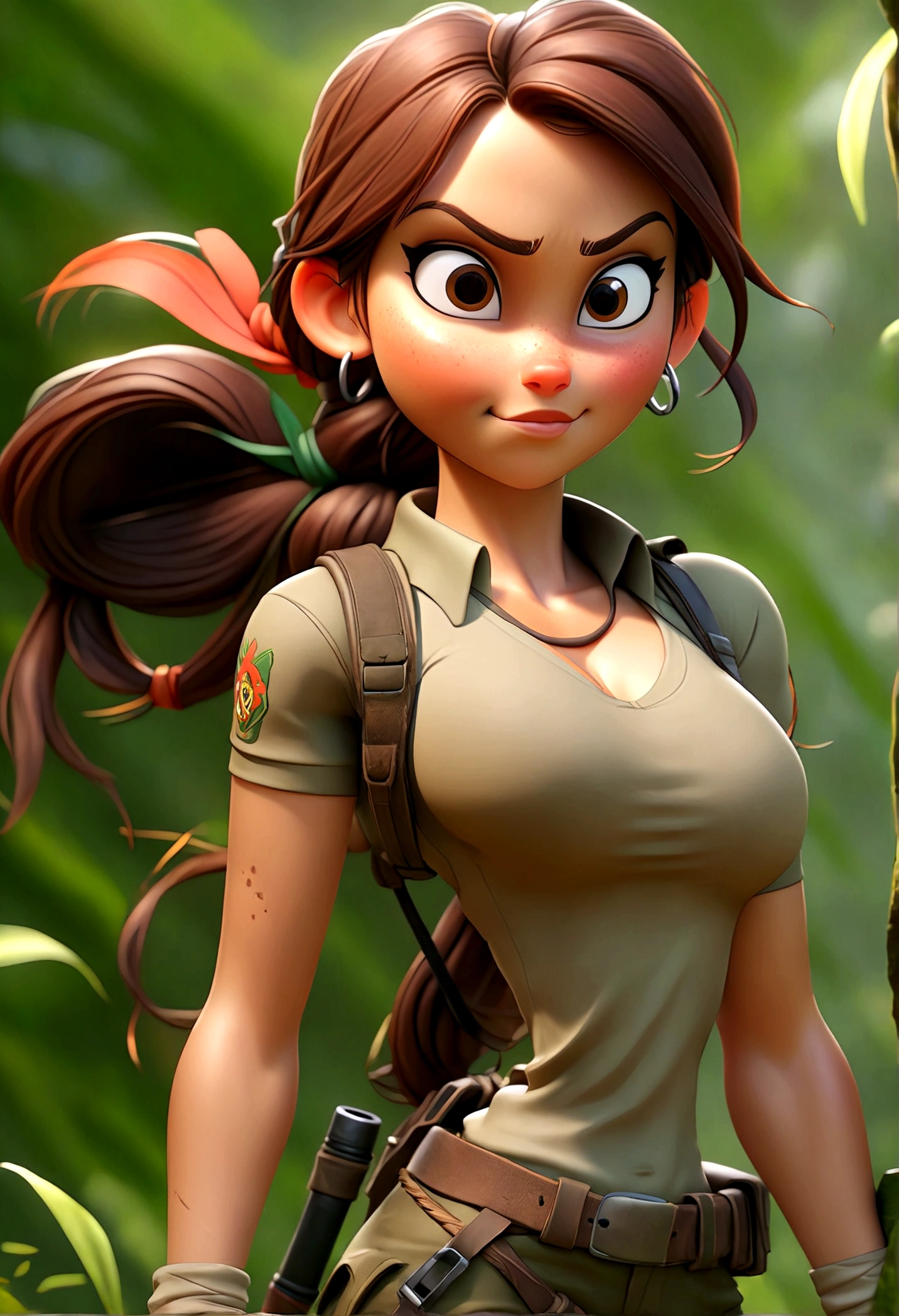 (Best quality, high resolution: 1.2), Ultra-detailed, (Realistic: 1.37) brunette, médium ponytail brown hair, brown eyes big chest, 18 years, full body, tomb raider outfit full body full body picture hugh-boobs and smile (( 4 pose of jungle mexico field))