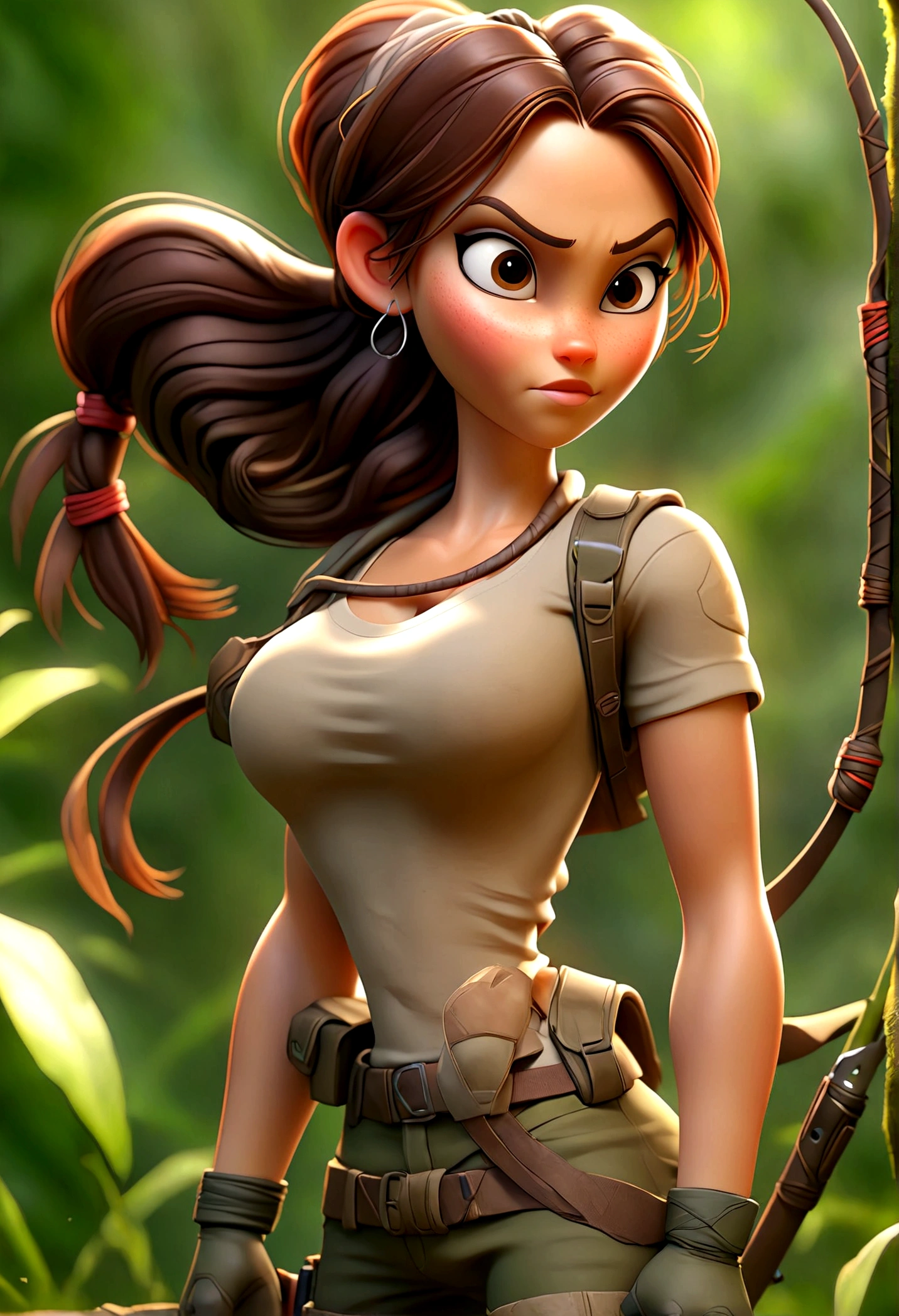 (Best quality, high resolution: 1.2), Ultra-detailed, (Realistic: 1.37) brunette, médium ponytail brown hair, brown eyes big chest, 18 years, full body, tomb raider outfit full body full body picture hugh-boobs and smile (( 4 pose of jungle mexico field))
