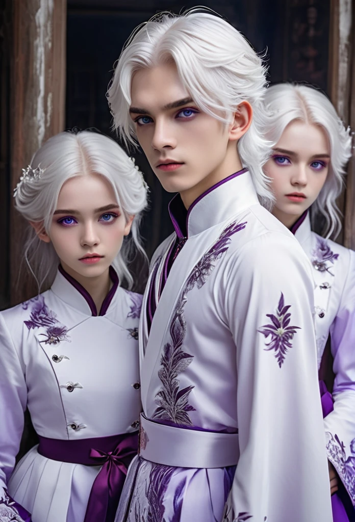 Two twins a boy and a girl, white hair violet eyes with cold and ruthless looks, attractive melancholics but not so many, with royal and elegant tops 