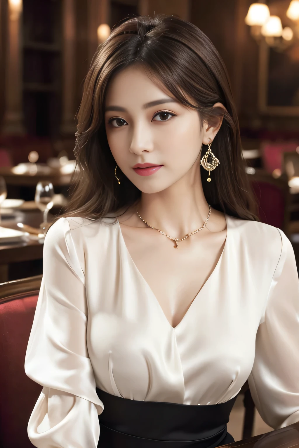 masterpiece, Highest quality, Realistic, Very detailed, Finer details, High resolution, 8k wallpaper, One beautiful woman, Wear an elegant white silk blouse, In a great restaurant, At night, Light brown messy hair, Perfect dynamic composition, Beautiful and beautiful eyes、Big earrings、Sit on a chair、