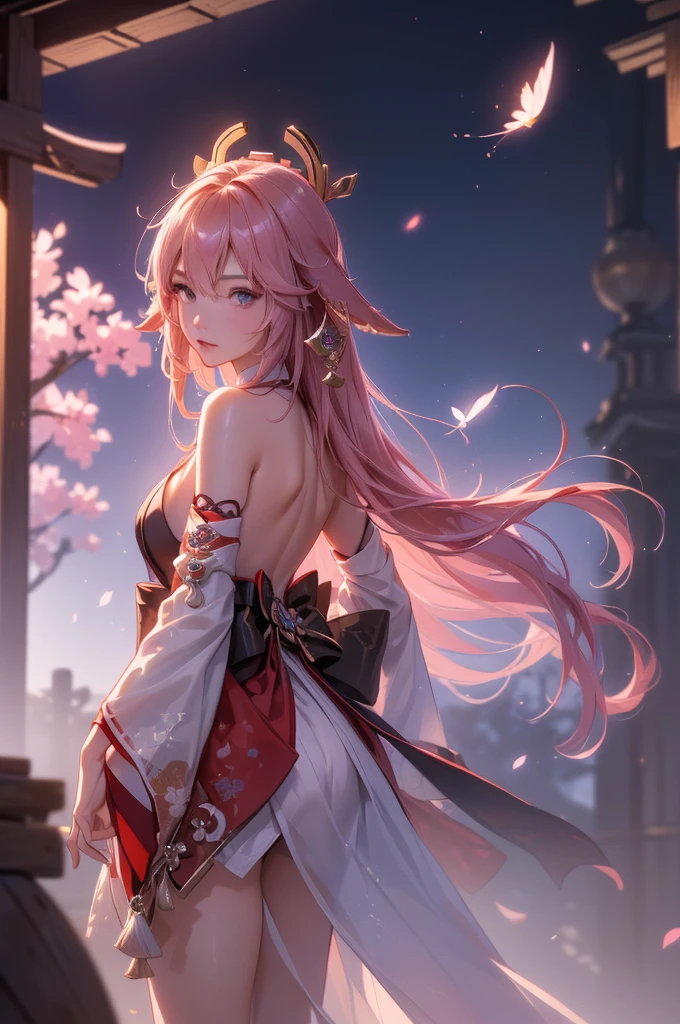 ((yaemikodef)):1.5, ((masterpiece,Highest quality,Highly detailed images,Beautiful images、Dutch Angle)), (In front of the cherry tree、Close-up image of yaemiko、Overall dim lighting、Backlight、Strong backlighting、Fantastic dark atmosphere、Thick Fog、Dust flutters),(Dynamic pose)1.2, sideboob、((from front))
