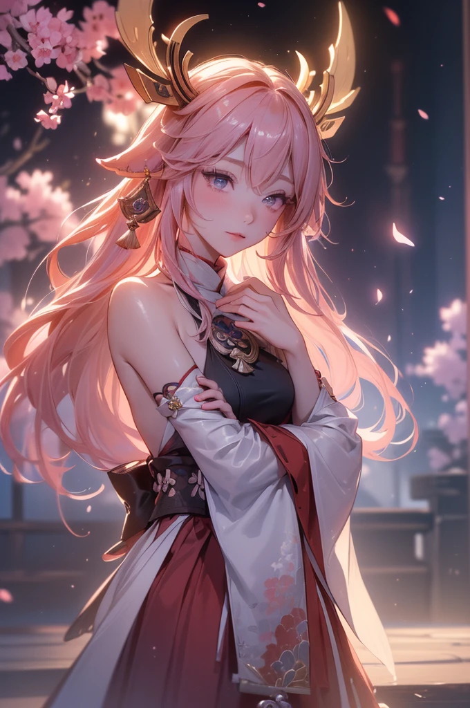 1girl, (ulzzang-6500:0.7), kpop idol, yae miko, detached sleeves, bare shoulders, pink hair, long hair, japanese clothes, best quality, (painting:1.5), (hair ornament:1.35), jewelry, purple eyes, earrings, breasts, torii, cherry blossoms, lantern light, depth of field, detailed face, face focus, ribbon_trim, (looking at viewer:1.25), nontraditional miko, shiny skin, long sleeves, smile, thick lips, game cg, hands on lips, east asian architecture, (blurry background:1.2), sitting, upper body,